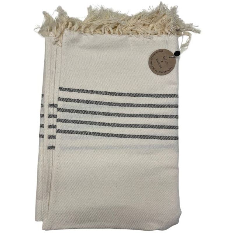 Sally og Mimosa Hvit Duk med Grå Striper – Dekorativ bordduk